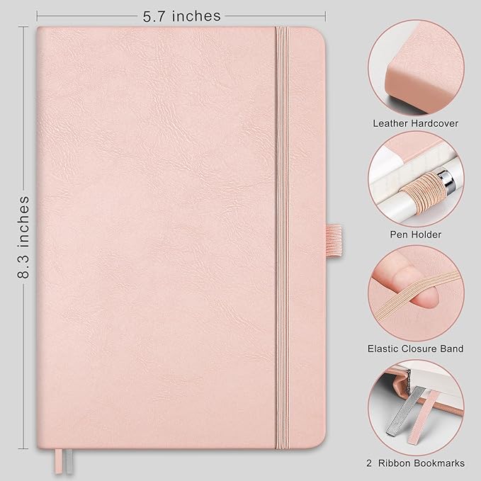 RETTACY Graph Grid Paper Notebook, 192 Pages, A5 Medium Size (5.7'' x 8.3''), 5 Squares per Inch, Leather Hardcover, 100 GSM Thick Paper, for School, Students, Math, Engineering (Rose Gold)