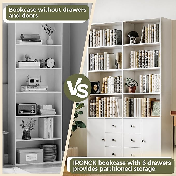 IRONCK 78.7" Bookcase with 6 Drawers, 6 Tier Large Bookshelf with 2 Doors, Large Bookcase with Adjustable Shelves, Tall Storage Cabinet for Home Office, Living Room, White