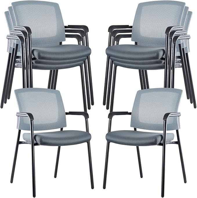 CLATINA Grey Stacking Chairs Stackable Waiting Room Chairs with Armrest, Mesh Office Reception Guest Chair for Home Desk Conference Lobby Church Medical Meeting Training Ergonomic, Set of 8