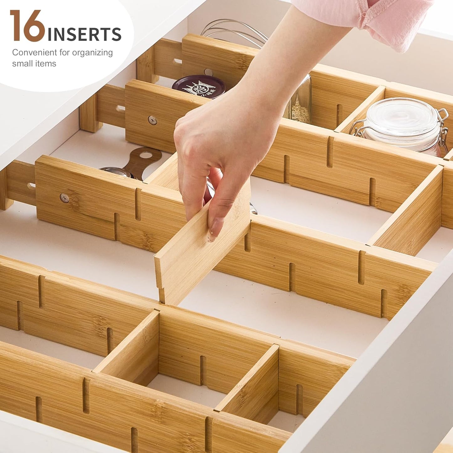 Bamboo Drawer Dividers with Inserts kitchen drawer organizer Adjustable Expandable 8 Pack Organizer Set for Kitchen Bedroom Bathroom Office 8 Dividers with 16 Inserts (Natural, Large (18-22.5IN))