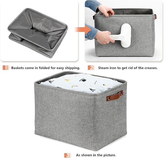 DULLEMELO Large Storage Baskets, 3 Pack Foldable Storage Baskets Bins for Colthes Organizer, Fabric Storage Organizer Baskets for Shelves Closet Nursery Toy Storage(Gray)