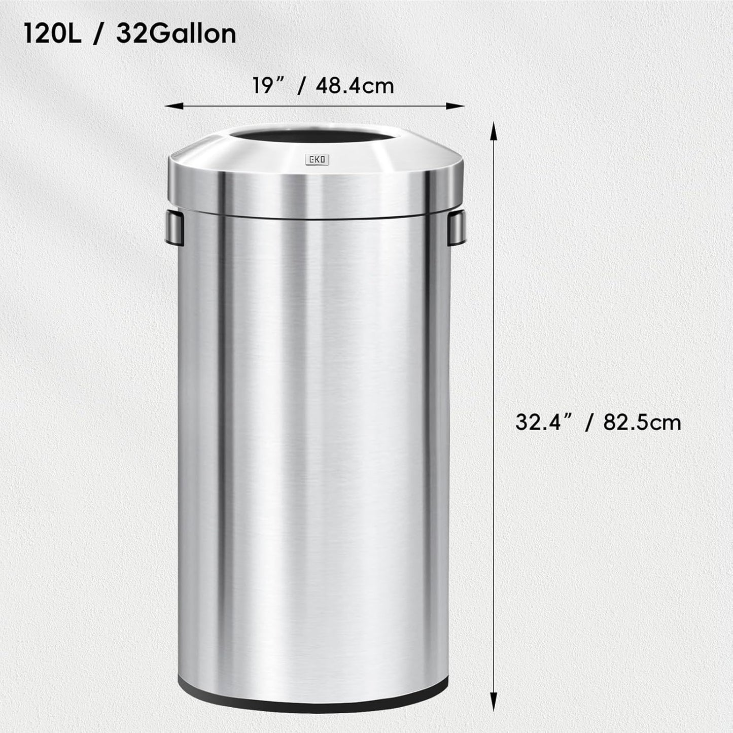EKO 32-Gallon Round Stainless Steel Open Top Trash Can, Large Commercial Waste Bin with Detachable Lid and Carrying Handle, Brushed Metal Garbage Bin for Home, Office, Restaurant, Restroom