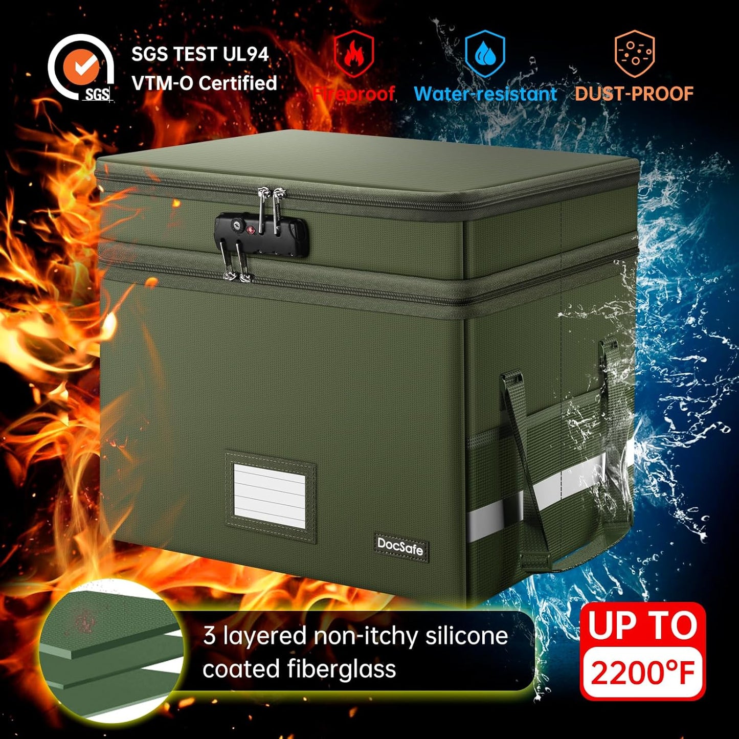 DocSafe File Box with Lock,Multi-Layer Fireproof Document Box Collapsible File Storage Organizer with Pockets/Handle,Portable Home Office Filing Cabinet for Hanging Letter/Legal Size Folders,Green