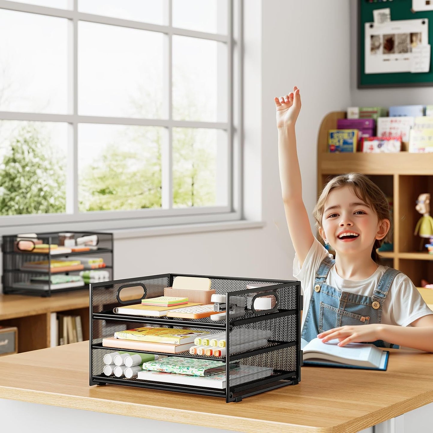 Subekyu 2-Pack 3-Tier Paper Letter Tray Organizer for Desk, Black Metal Mesh File Sorter Organizer with Handle and 1 PC Sliding Tray for Home Office School Desk Supplies Organization Storage