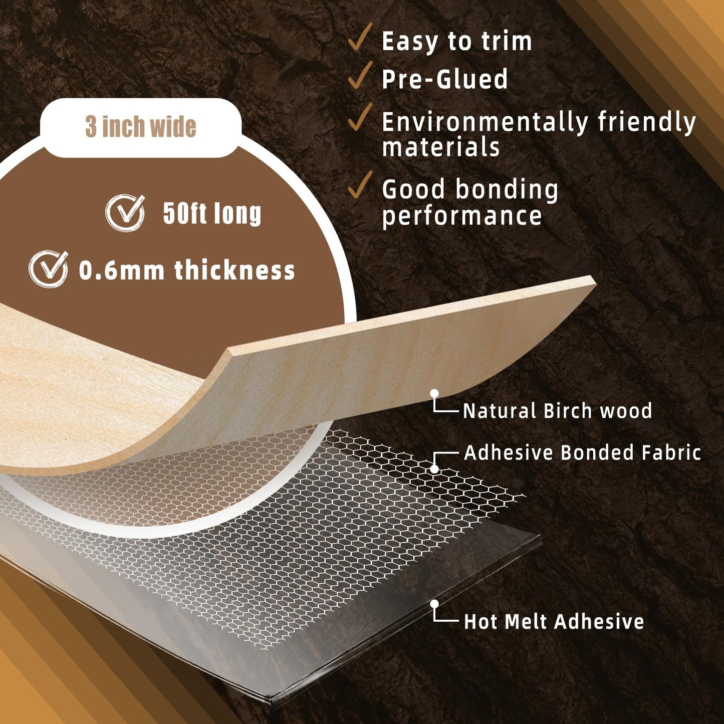 GSCIT Club Birch Edge Banding, 3 inch x 50ft roll of Veneer Edge Banding Preglued Flexible, Real Wood Tape Banding