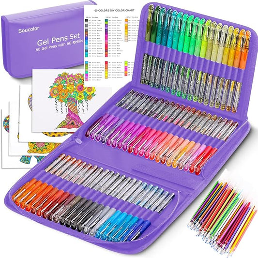 Soucolor Teen Girl Gifts Trendy Stuff, Glitter Gel Pens for Adult Coloring Books, 120 Pack-60 Glitter Pens, 60 Refills and Travel Case, 40% More Ink Markers Set for Preppy School Stuff Journaling