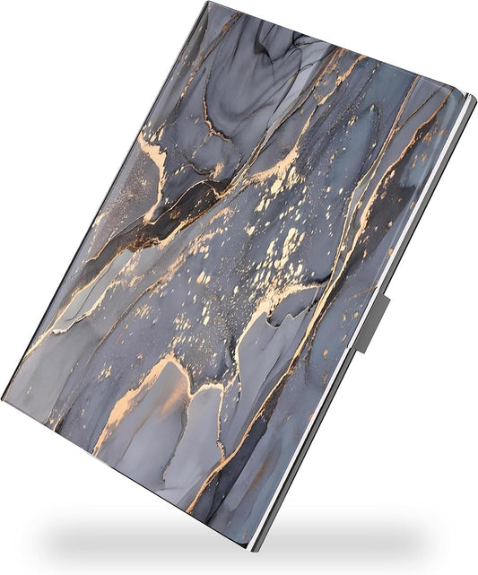 Business Card Metal Slim Organizer, Professional Stainless Steel Square Pocket Wallet for Office Workers, Compact and Portable for Pockets (Grey Gold Marble)