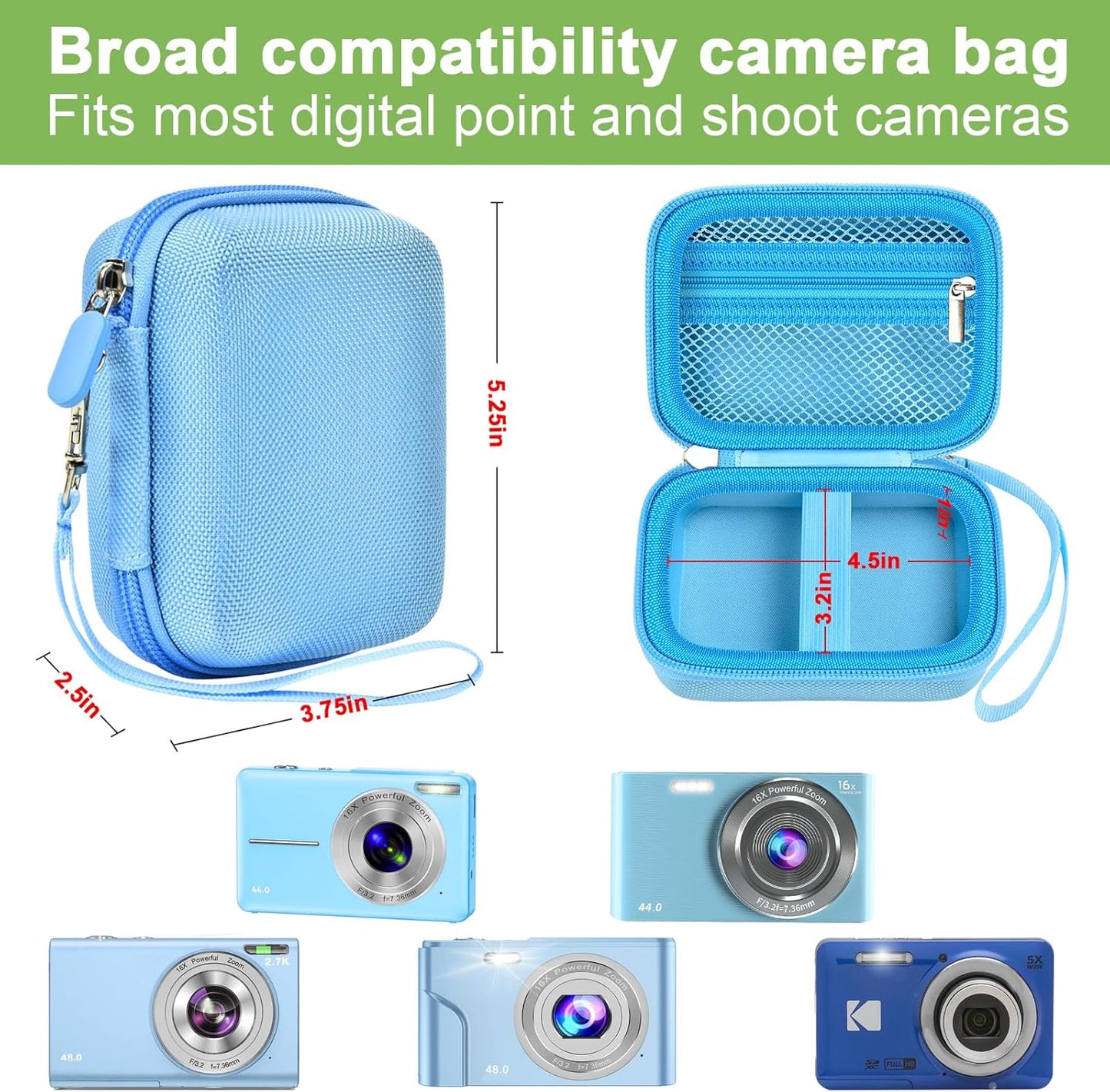 Digital Camera Case Compatible with VAHOIALD FHD 1080P/ for CAMKORY Digital Point and Shoot/for KODAK PIXPRO FZ45-BK 16MP Vlogging/for IWEUKJLO/for Nsoela, Holder for SD Card More- Blue (Box Only)