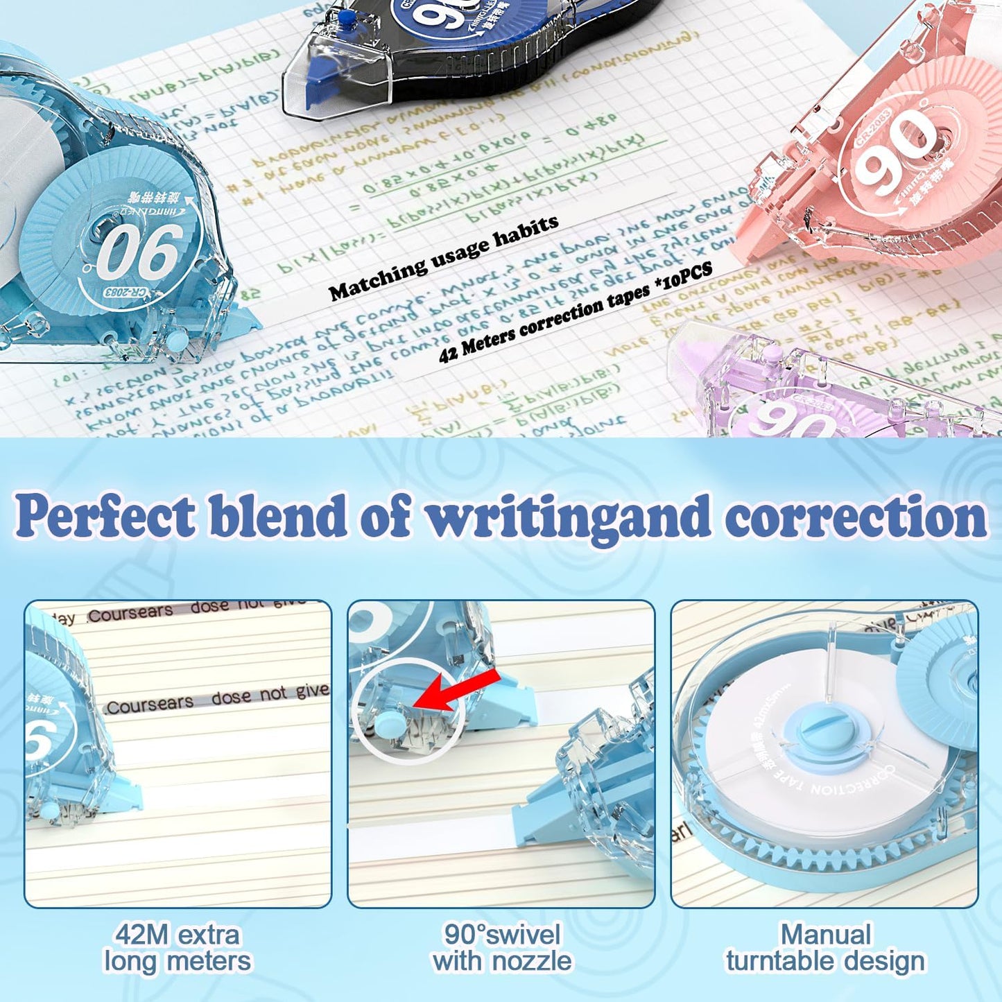 CHANGLi 10 PACK 1653Inch White Correction Tape, Total of 16530 inches, 90° Rotating Tip, Ergonomic Design, Tear-Resistant Tape Office or School Supplies, Includes Storage Pouch