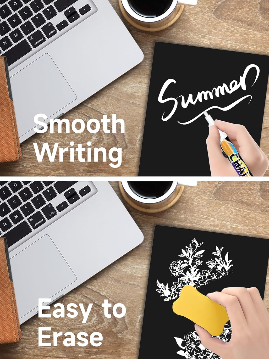 2 PCS Desktop Black Dry Erase Board with Stand - 12” x 8” Small Acrylic Black Board with Marker and Magnetic Clip, Reusable Desk Notepad, to-Do List, Menu Board Signs for Bar, Office, Home