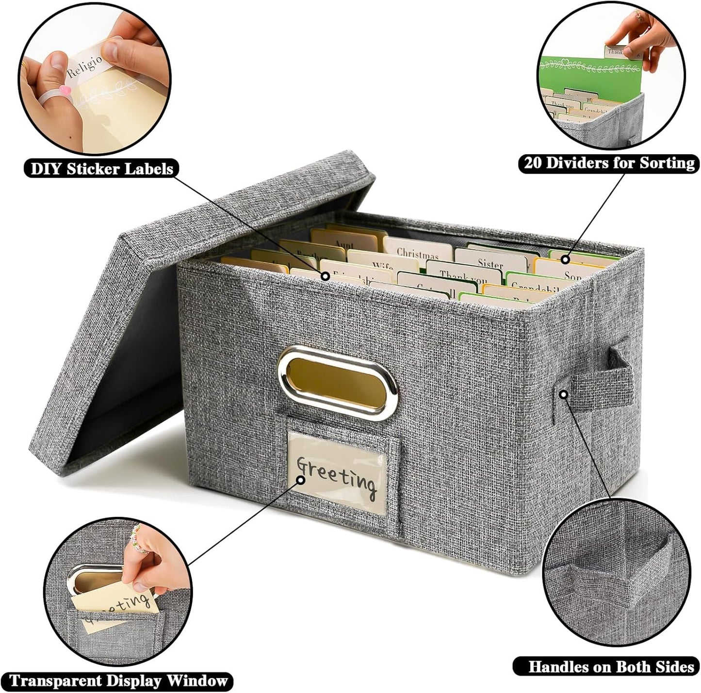 Vienrose Greeting Card Organizer 1 Pack, Storage Box with 20 Adjustable Dividers, Foldable Organizer Box Holds over 150 Cards, Storage Stickers Recipes Photos Envelopes Bills Vinyl Records, Grey