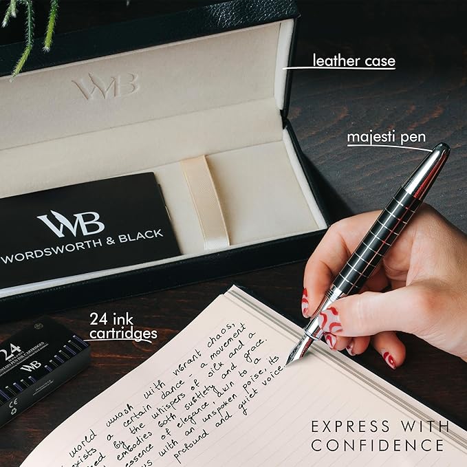 Wordsworth & Black Majesti Fountain Pen-(Checked), Luxury Case, Chrome Finish; Extra Fine Nib- Ink Cartridges, Refillable Ink Converter-Calligraphy Pen-Best Business Gift Set for Men & Women