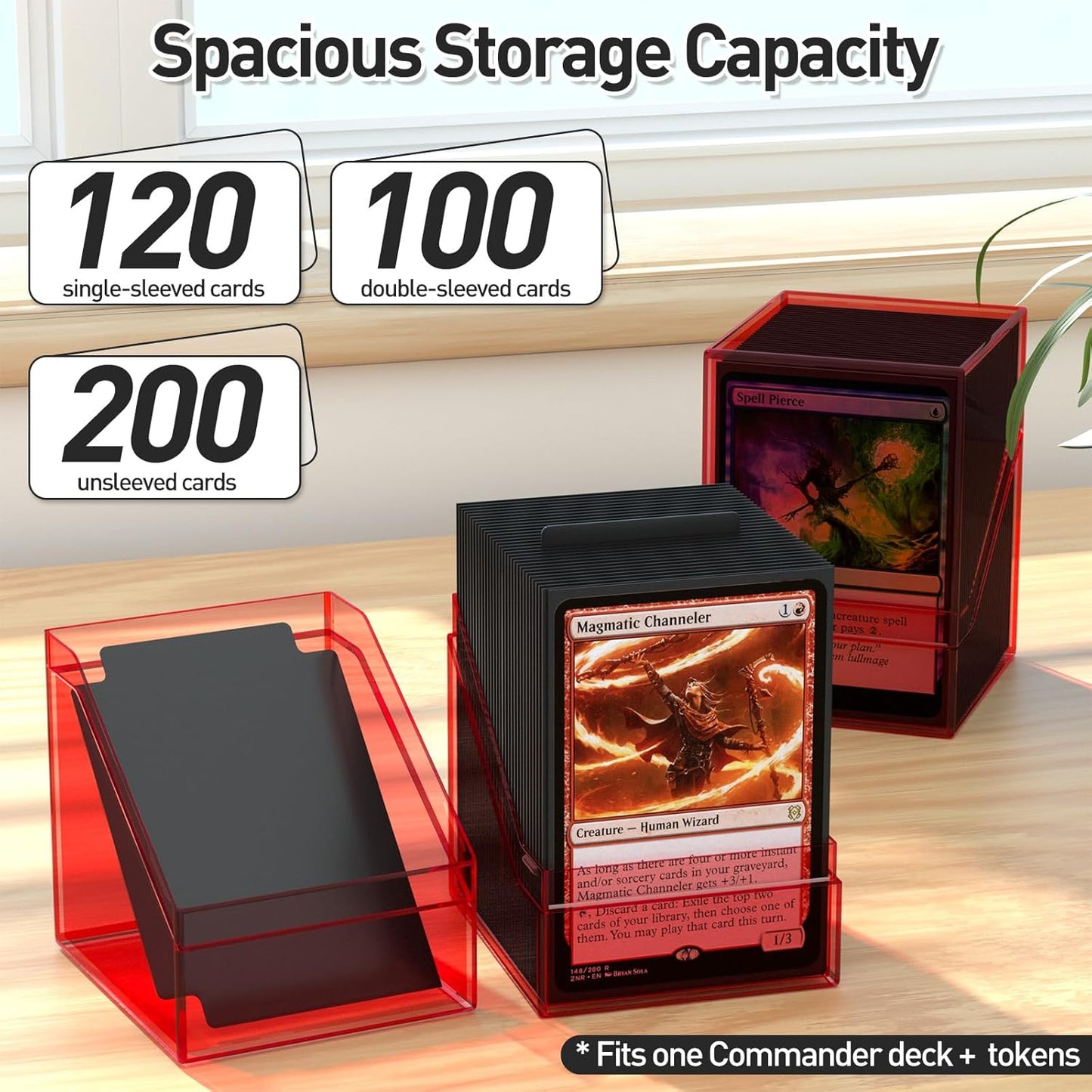 Mlikero Card Deck Cases, Acrylic Commander Deck Box Holding 100+ Sleeved Cards with Dividers, Clear Card Storage Box Fit for MTG, TCG, Sports Cards (Red)