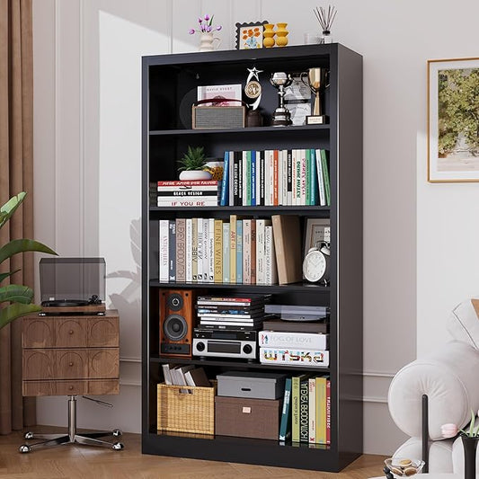 Metal Bookshelf, Adjustable Bookshelves and Bookcases, 5 Shelf Bookcase with Backboard, Black Book Shelf Book Cases for Office, Living Room, Bedroom, Home, Library