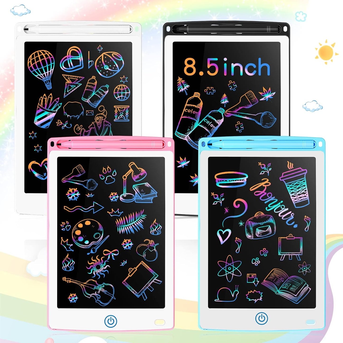 Zonon 4 Pcs LCD Writing Tablet 8.5 Inch Doodle Board Tablet Drawing Gifts LCD Writing Board Electronic Erasable Reusable Colorful Screen Pad(Light Blue, Light Red, White, Black)