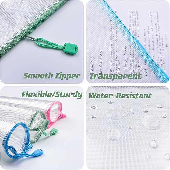 Oaimyy-8"x10"-18 Pcs-Plastic Mesh Zipper Pouch Document Folders Bag Zip File Bags for Office Supplies,Home,Travel Storages,Puzzle Board Games Storage-(Multicolor)