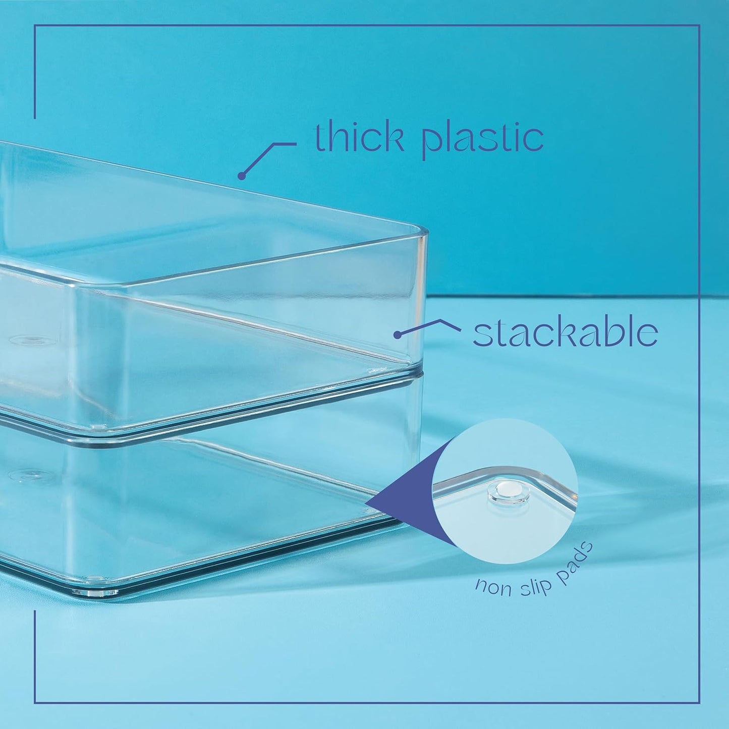 Six Pcs. Plastic Clear Drawer Organizers. Stackable Storage Trays for Kitchen Utensils and Silverware. 2 Sizes. Stackable