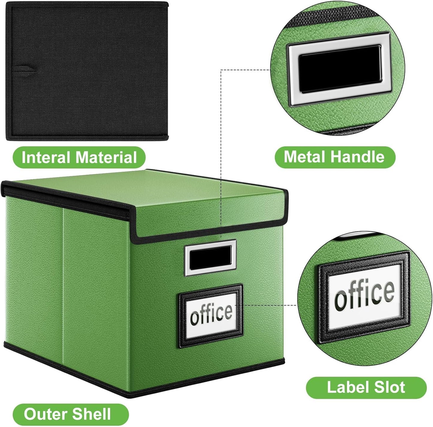 Huolewa File Organizer Box with Lid, Collapsible Faux Leather Document Organizer, Hanging File Folder Box with Plastic Slide, Decorative Filing Boxes Cabinet for File and Folders Storage(Green)