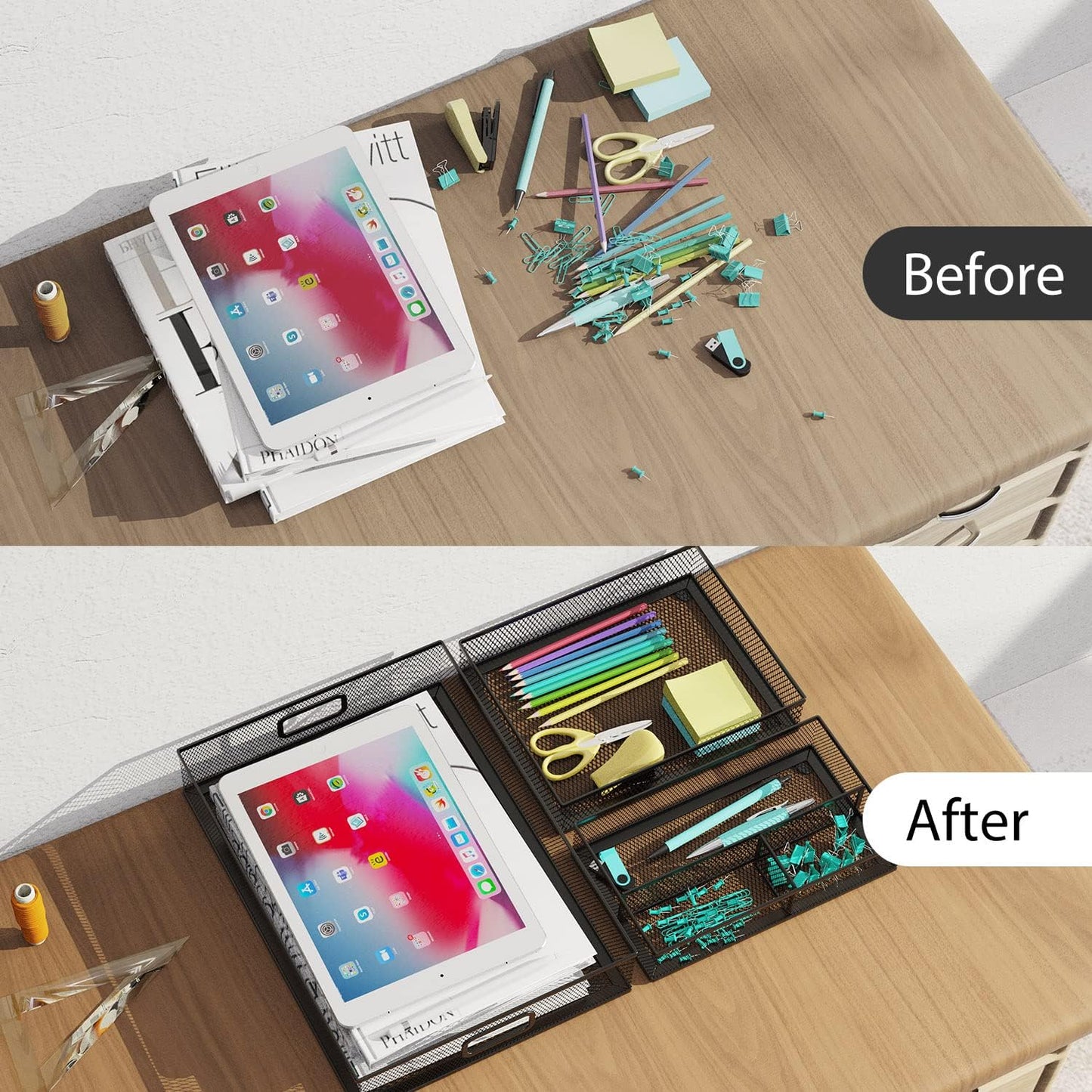 Desk Drawer Organizer Set, 3 Pcs Metal Mesh Office Drawer Organizers, Paper Organizer Letter Tray for Desk, Junk Drawer Organizer for Office, Kitchen, Makeup, Vanity