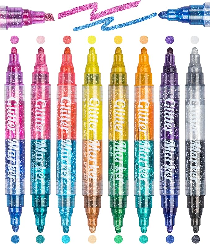 Glitter Markers,16 Colors Metallic Markers Sparkle Pens for Adults Kids,Arts & Crafts Supplies,Rock Painting, Wood, Scrapbook, Birthday Cards, Dual Tip Glitter Acrylic Paint Pens Set of 8