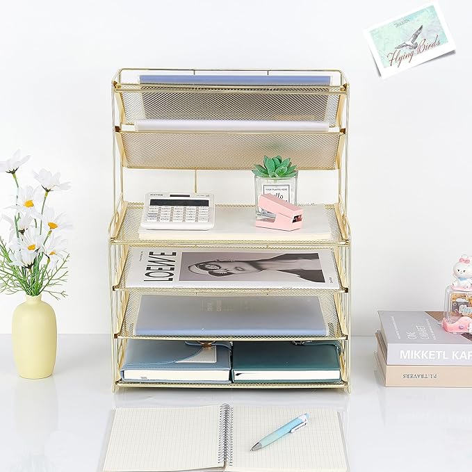 6-Tier Letter Tray Paper Organizer, Desk Organizers and Accessories, Desktop File Organizer, Office Desk Accessories for Office Supplies (Gold)