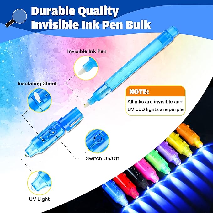 GIFTINBOX Invisible Ink Pen, 16PCS Spy Pen with UV Light for Kids, Birthday Party Favors for Kids 4-8 8-12, Classroom Prize for Students Magic Marker for Secret Message