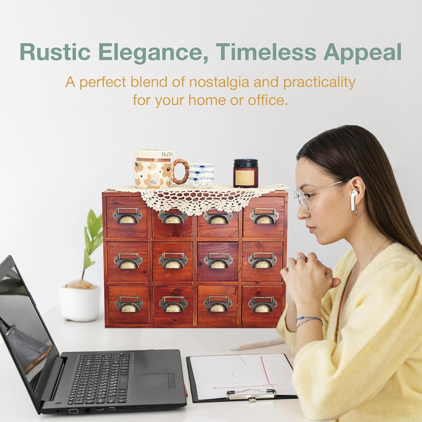 12-Drawer Apothecary Cabinet - Index Card Organizer - Mahogany Wooden Card Catalog - Fits Standard US 3x5in Index Cards - Vintage Desktop Drawer Organizer for Tea, Herbs, and Office Supplies