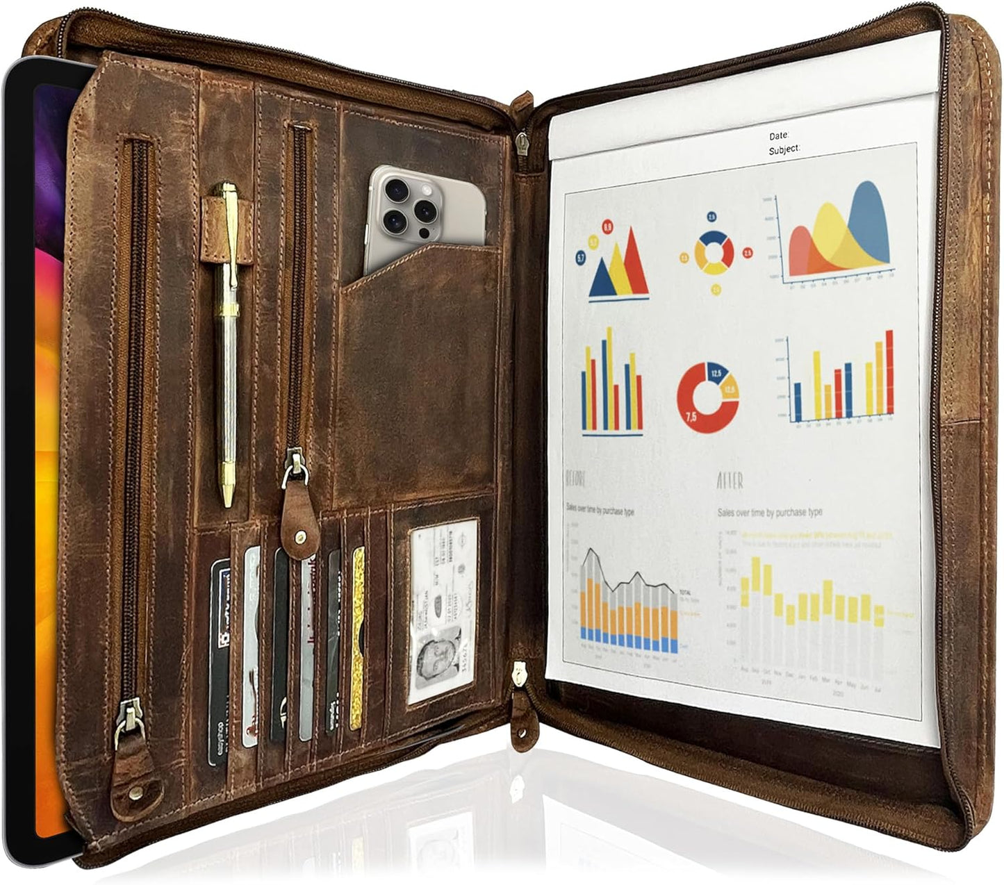 Business Leather Portfolio Leather Padfolio - Letter Pad Size Folder - iPad Organizer Folder Gift for Men and Women (Brown)