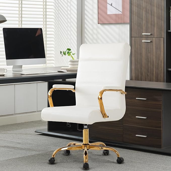 Office Desk Chair,Modern Leather Conference Room Chairs,High Back Home ofiice Chair,Adjustable Height Swivel Executive Computer Chair with Padded Seat and Armrest (White with Gold Frame)