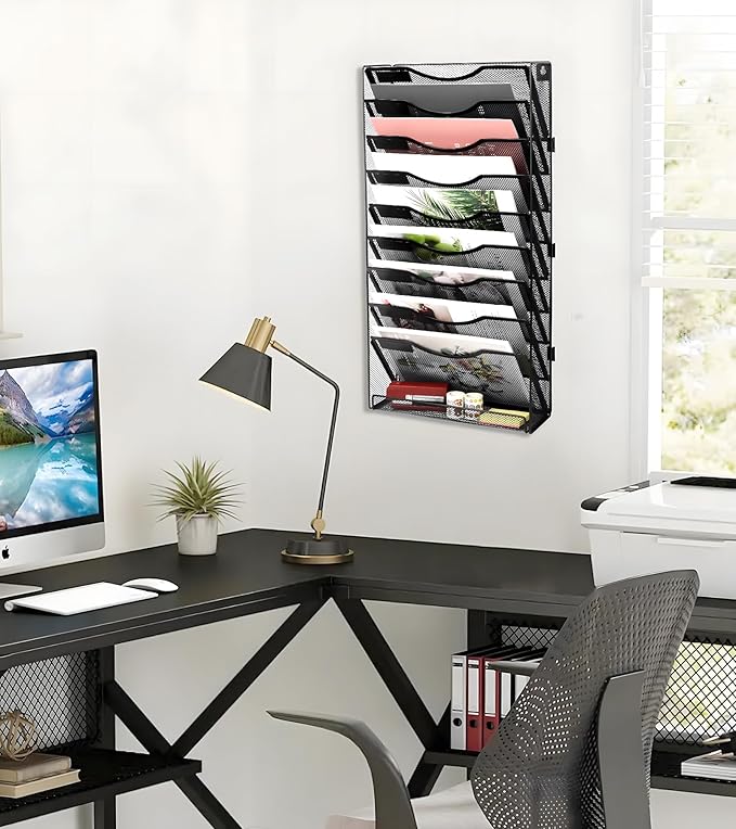 EasyPAG 10 Tier Wall File Holder with Flat Tray, Black | Easy Assemble Mesh Desk File Organizer | 9-Folder Paper Storage | Replaceable Classify Labels | Space Saving Mail Organizer for Office Home