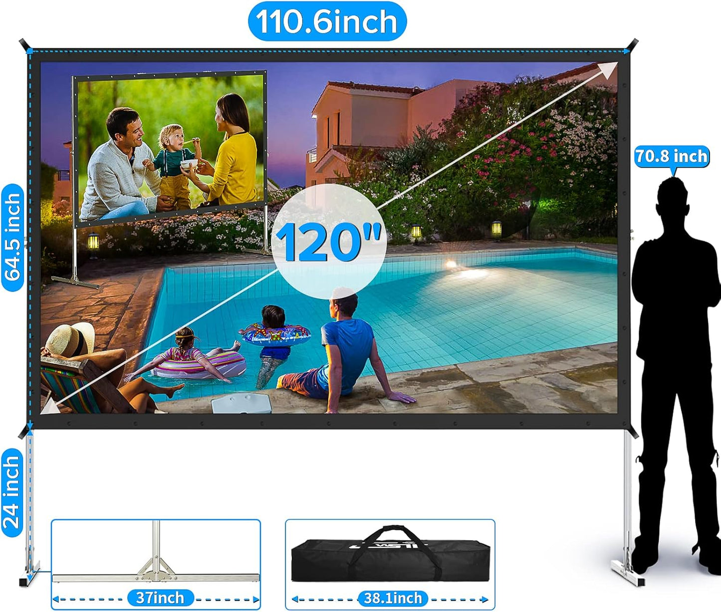 Projector Screen and Stand,JWSIT 120 inch Outdoor Movie Screen-Upgraded 3 Layers PVC 16:9 Outdoor Projector Screen,Video Projection Screen with Carrying Bag for Home Backyard(Rear Projection Screen)
