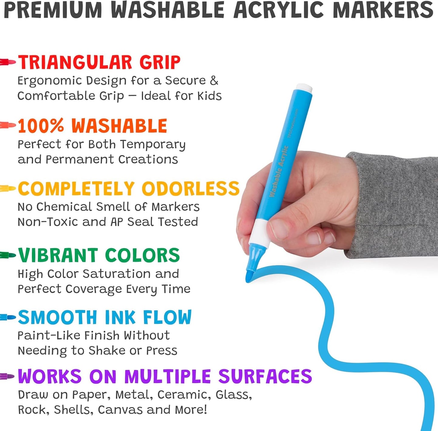 The Pencil Grip Magic Stix Washable Acrylic Markers for Kids and Teens, 12 Non-Toxic Colors, Allergen-Free, Vibrant Paint Pens for Crafting and DIY