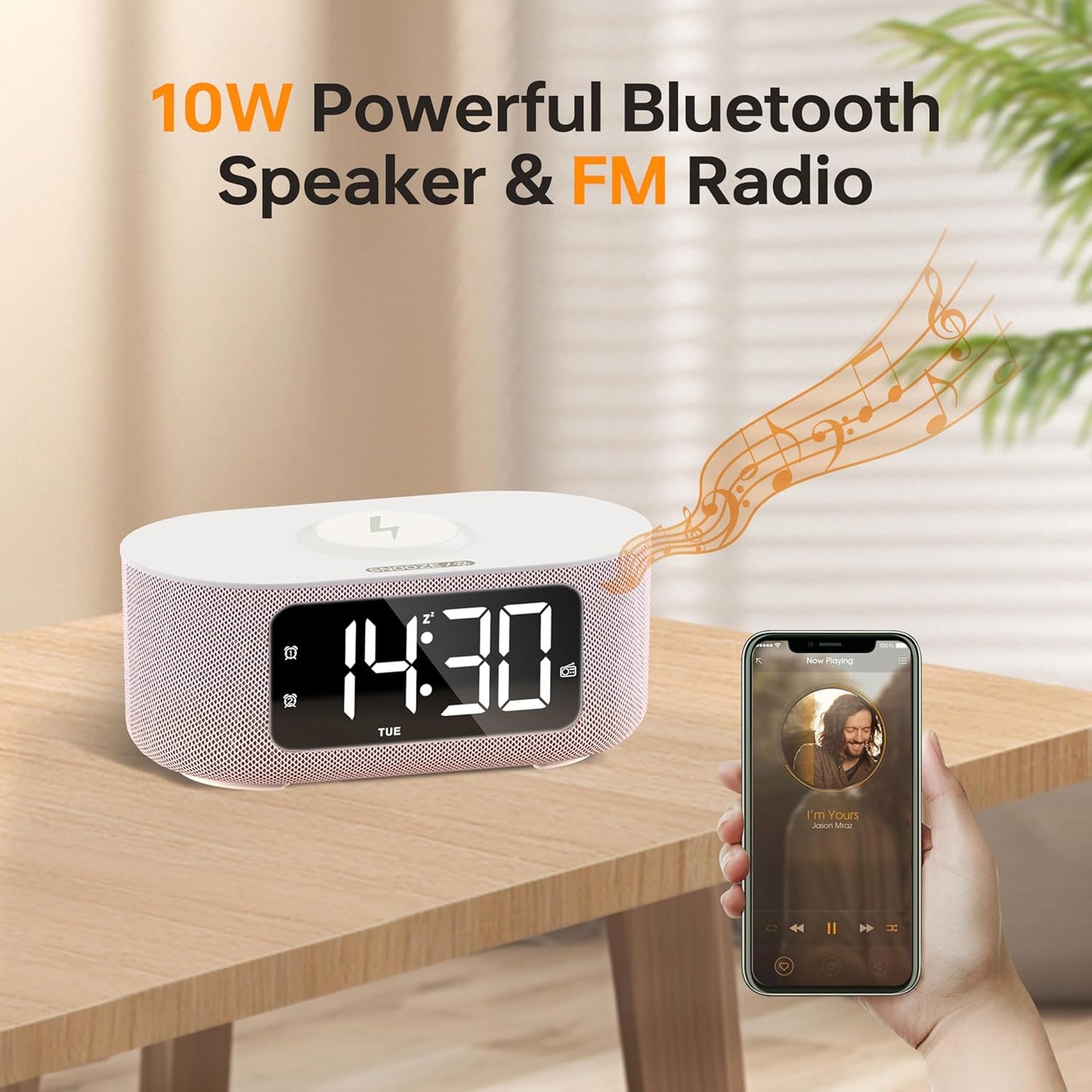 JALL Fabric Alarm Clock for Bedroom, with Big Led Screen Display, Bluetooth Stereo Sound Speaker, FM Radio, Fast Wireless Charging, USB Charging Port, Nightlight, White Noise, Ideal for Gift, Pink