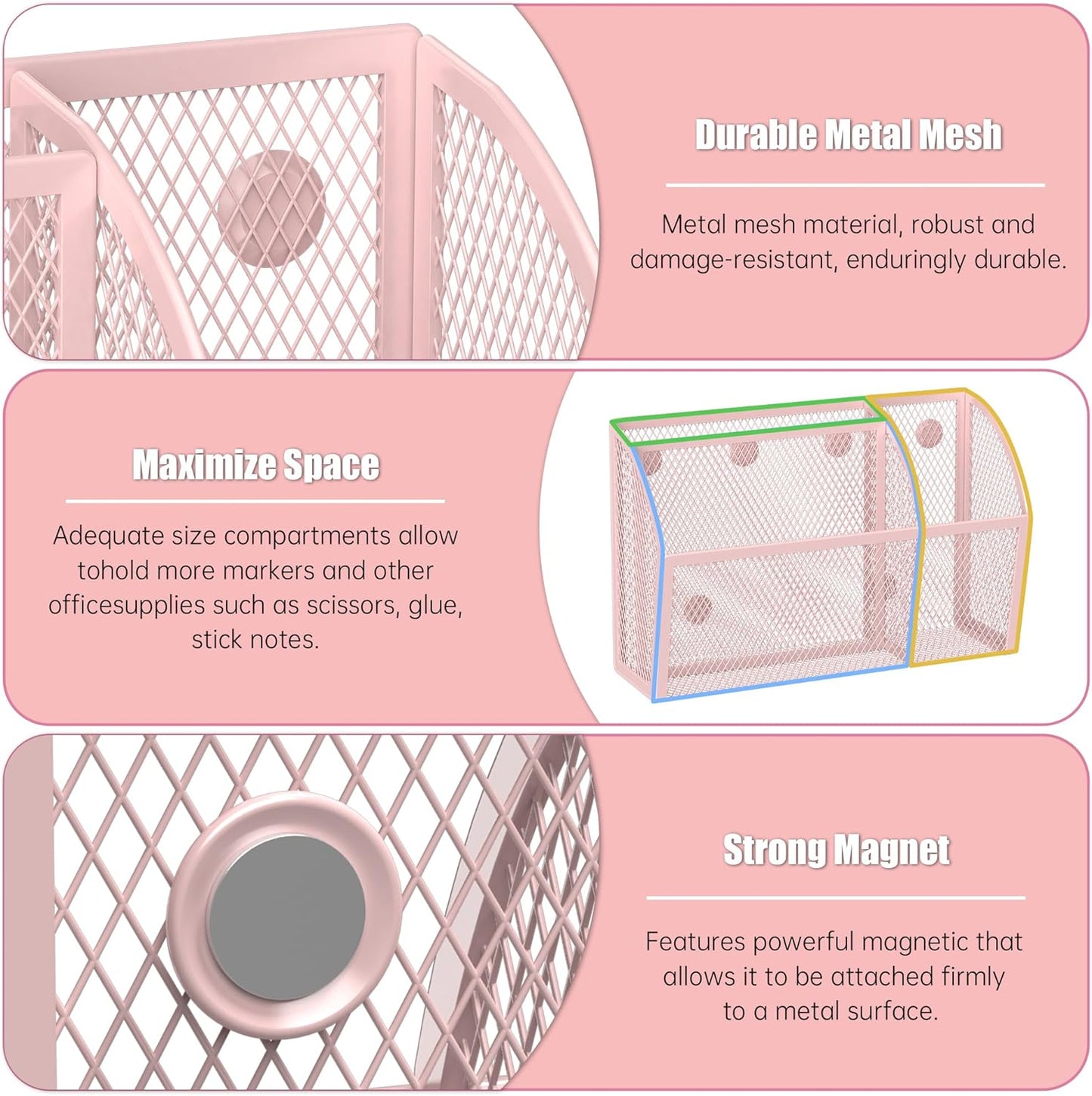 YINGHUA Strong Magnetic Pen Holder for Whiteboard and Refrigerator 3 Compartments Metal Mesh Organizer Space Saving Shelf for Office School Home and Locker - Pink