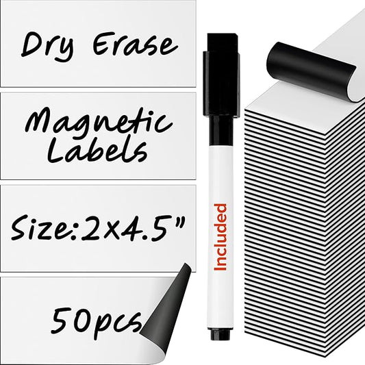 Dry Erase Magnetic Labels - Reusable Sticky Notes - Magnetic Notepads for Refrigerator (White, 50)