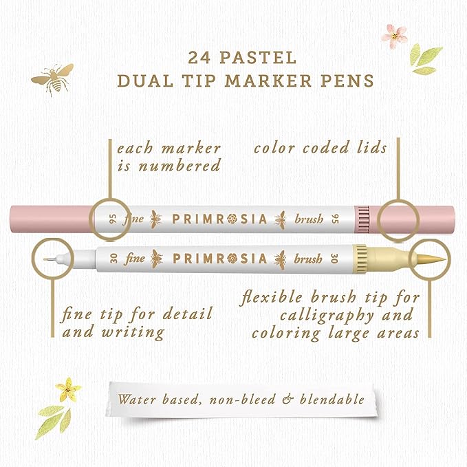 Primrosia 24 Pastel Dual Tip Markers, Fine Tip and Brush Pens. Perfect for art, illustration, drawing, calligraphy and bullet journals