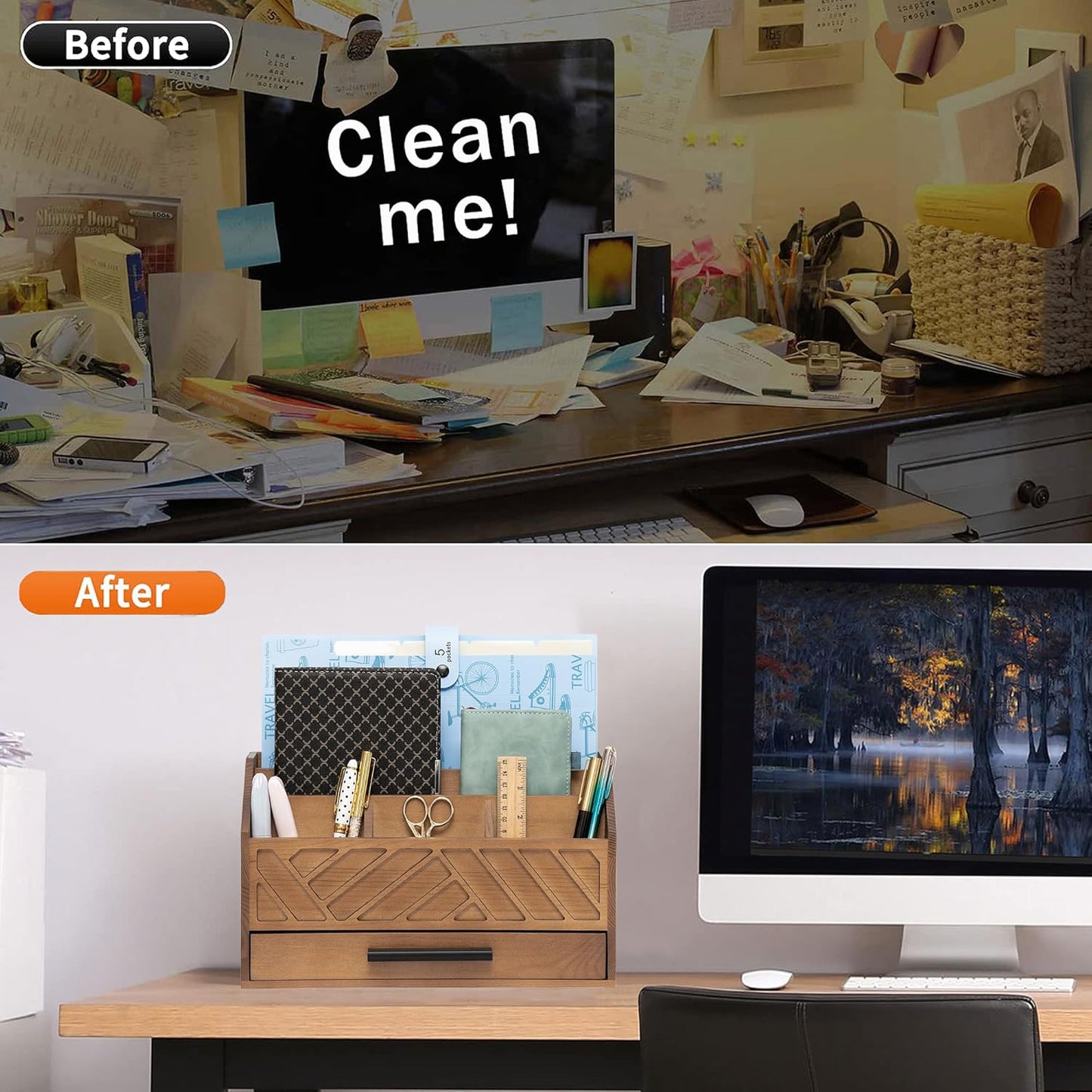 Brown Wood Desk Organizer and Accessories with Drawer, Bill Mail Organizer and File Mail Holder for Office Supplies, Modern Desk Accessories & Workspace Organizers for Desk Organization