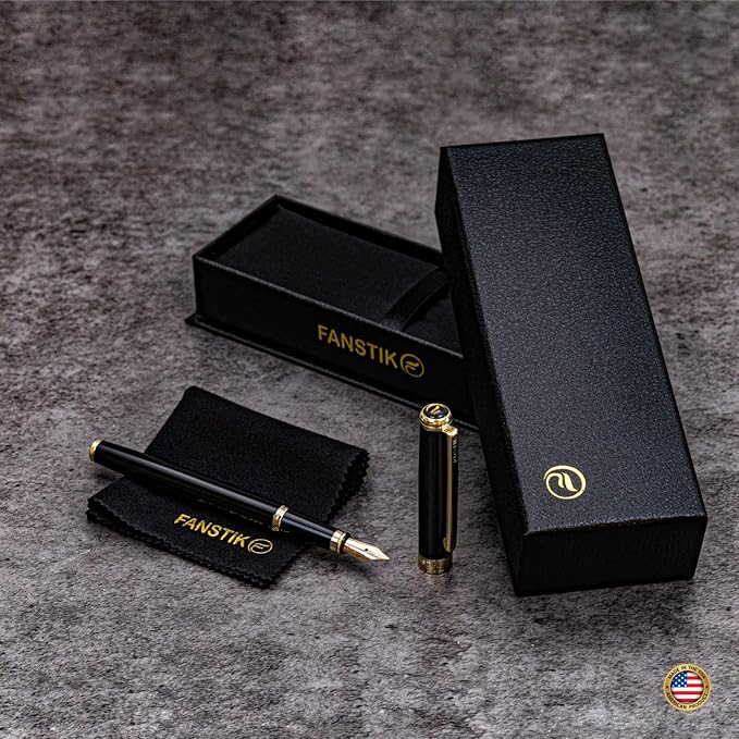 Customized Black & Gold Luxury fountain pen (Made In USA) fancy gift set for women, Real 24K Gold Plating, Professional executive pen gift set for men (Lux Custom-fountain Black-Gold)