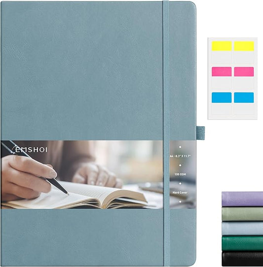 EMSHOI Hardcover Leather Lined Journal, 8.5" x 11" A4 College Ruled Notebook for Women & Men – 192 Pages, 100 GSM Thick Paper, Professional Work Journal with Sticky Notes, Gray-Blue