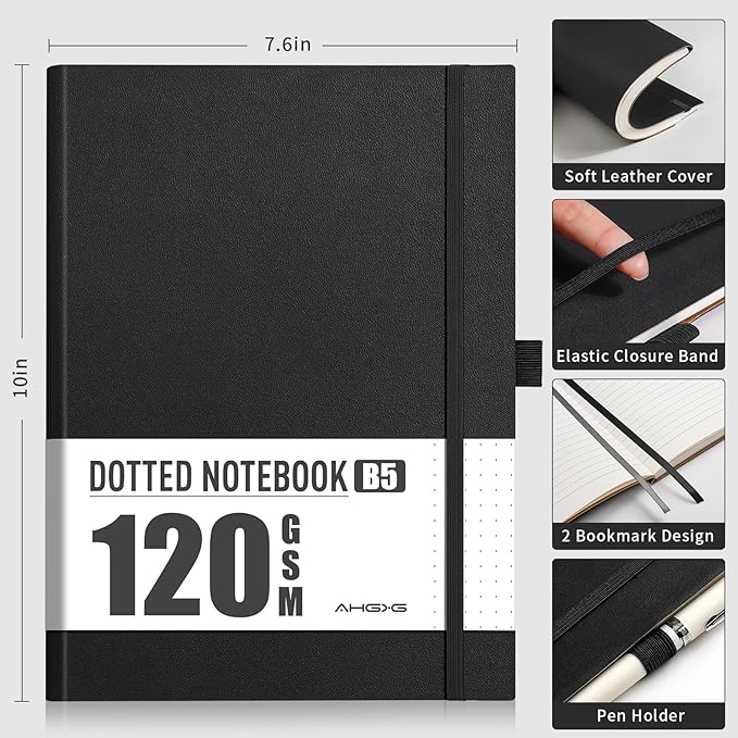 AHGXG Bullet Dotted Journal - Dot Grid Notebook Journal, 120 GSM Thick Acid-Free Paper, Large B5 Dotted Notebook 96 Pages, Leather Softcover, Inner Pocket, Journal Stencil, 7.6'' X 10'' - Black