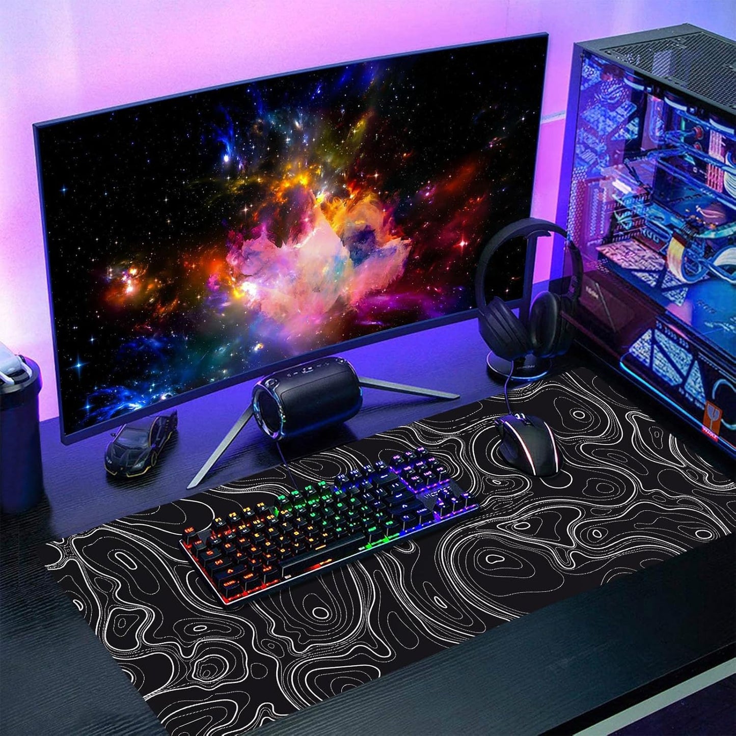 Topographic Map Black Gaming Mouse Pad XXL Minimalist Topo Geographic White Lines Extended Large Mousepad Desk Pad Non-Slip Rubber Base Stitched Edge Keyboard Pad Playmat for Computer,35.4×15.7 in