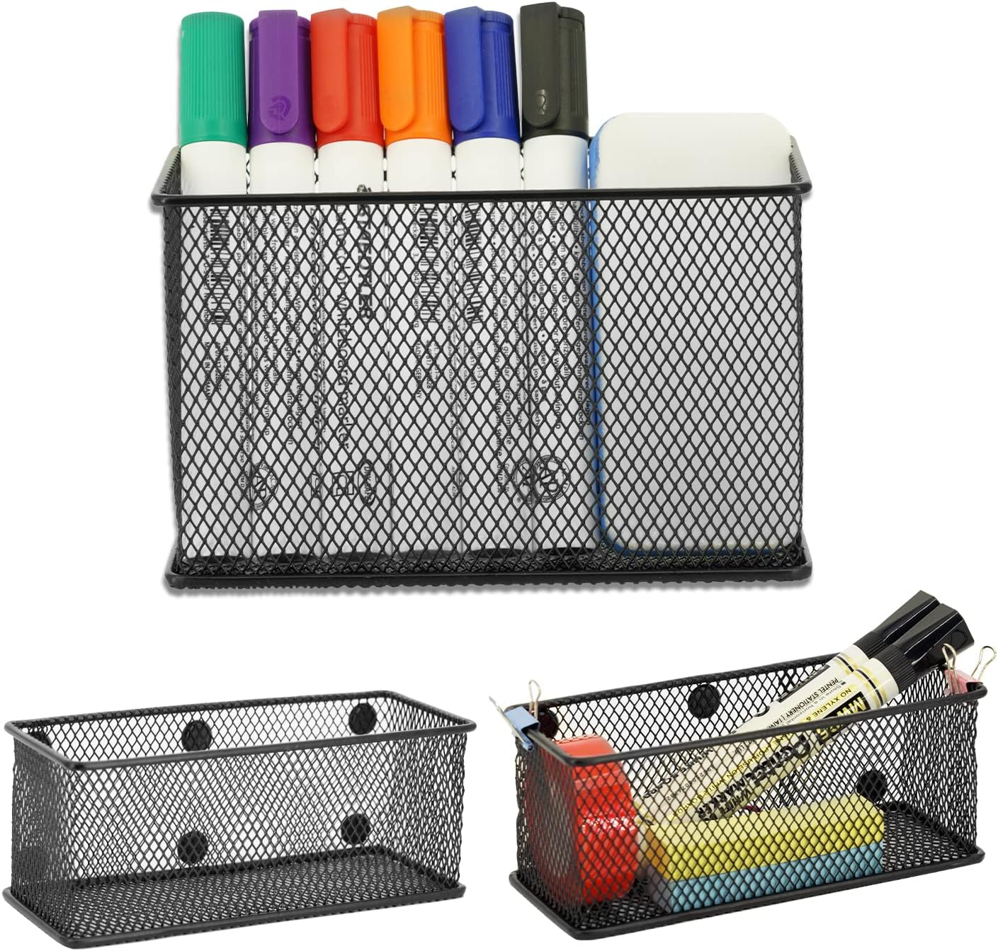 Neudeco Locker Shelf Organizer, Magnetic Pencil Holder, Metal Storage Basket for Whiteboard, Refrigerator, Ideal Cabinet for School, Black (Pack 3M)