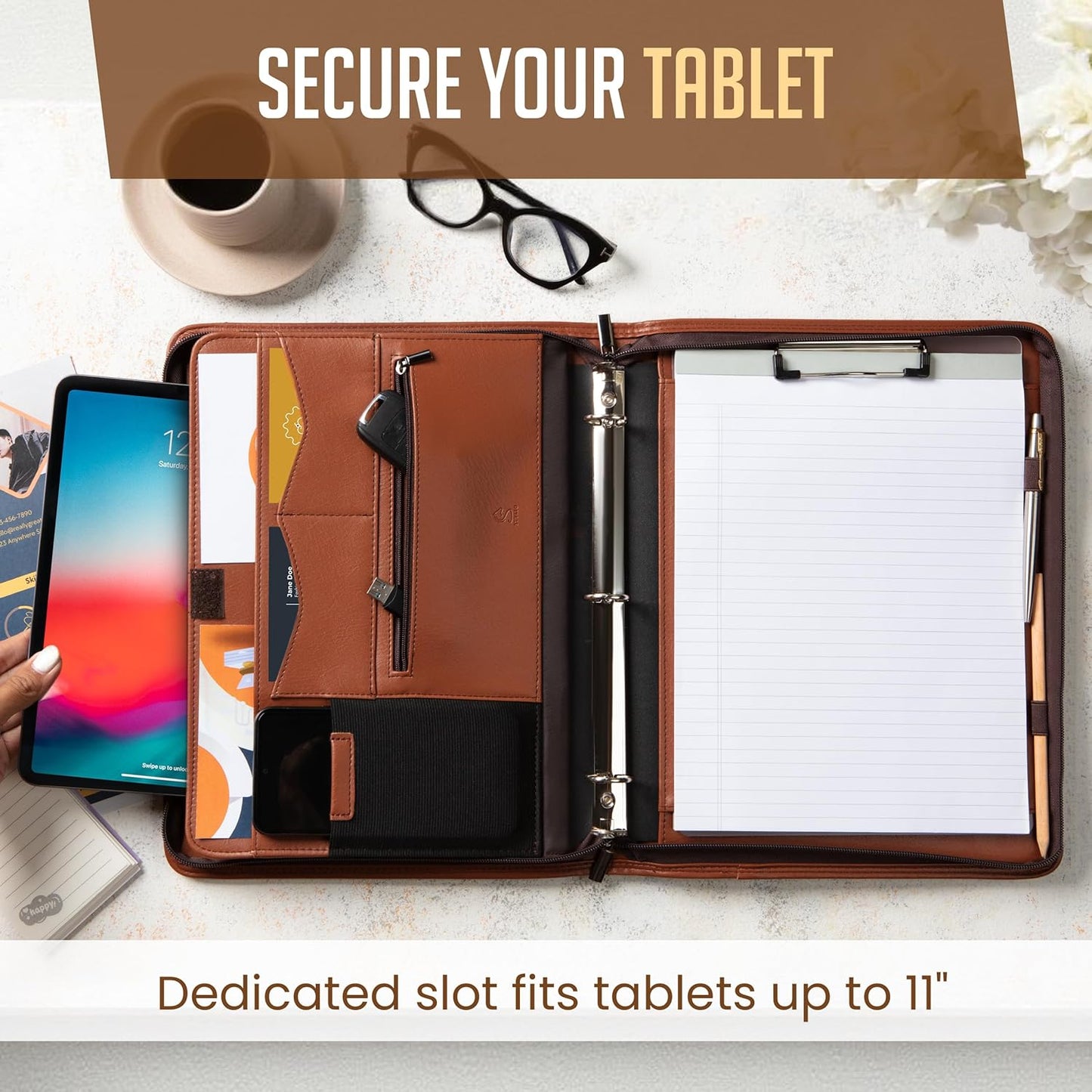 STYLIO Zipper Portfolio | Padfolio 3 Ring Binder and Clipboard Folio (Removable) | Portfolio Organizer for Documents, Tablet, Phone |Faux Leather Binder for Men and Women | Tan (Brown) Color