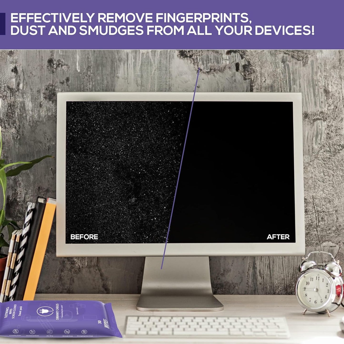 Swanky Wipes: Screen Cleaner Wipes - Electronics, Computer, TV, Laptop Monitor & Lens Cleaner, Travel Size Cleaning Wipes for Home, Office & On-the-Go, Includes Microfiber Cloth - Soft Wipes, 90 Count