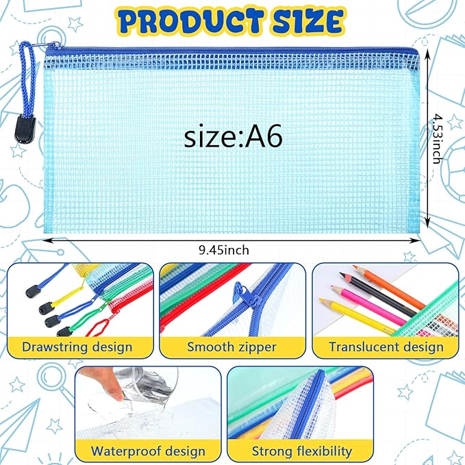 Zhehao 200 Pieces A6 Mesh Zipper Pouch Bulk Mesh Bags with Zipper Waterproof Small Pencil Pouches for School Office Supplies Organization 9.4 x 4.5 Inches(Mixed Colors)
