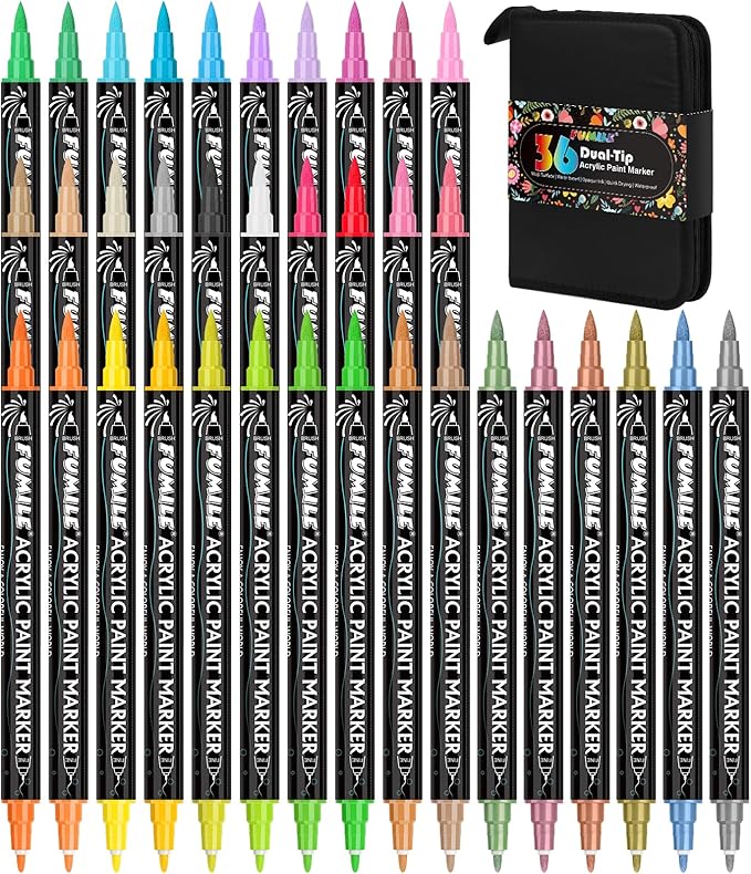 FUMILE 36 Colors Acrylic Paint Markers Dual Tip(Fine and Brush Tip), Acrylic Paint Pens paint Marker for Wood, Rock, Plastic, Glass, Ceramic, Canvas.Acrylic Markers Set for DIY Crafts and Art.