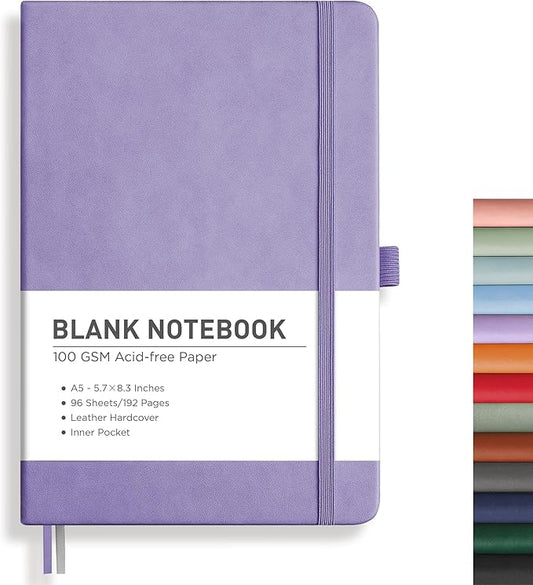 RETTACY Blank Journal Notebook, 192 Pages, A5 Medium Size (5.7'' x 8.3''), Leather Hardcover, 100 GSM Thick Paper, for Sketching, Drawing, Painting (Purple)
