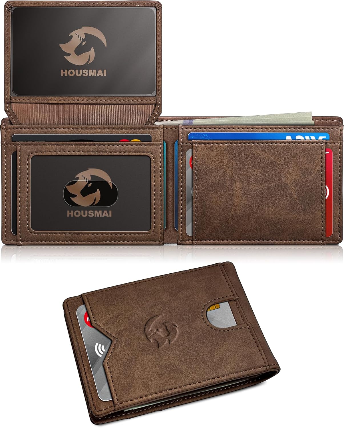 Wallet for Men Wallet with Cash Pocket 2 ID Window 13 Cards,Slim Leather Wallet Front Pocket Card Holder RFID Blocking with Gift Box