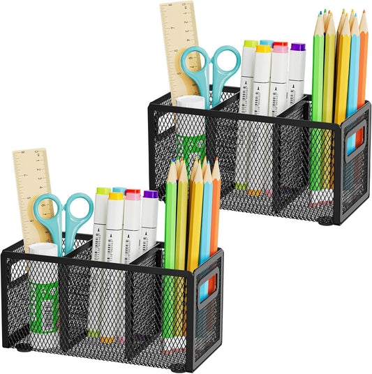 Marbrasse 2P Mesh Pen Holder for Desk,Pencil Holder Desk Organizer 3 Adjustable Compartments,Pencil Cup with Handle Perfect for Classroom, Office, Home,Makeup,Art (Black)