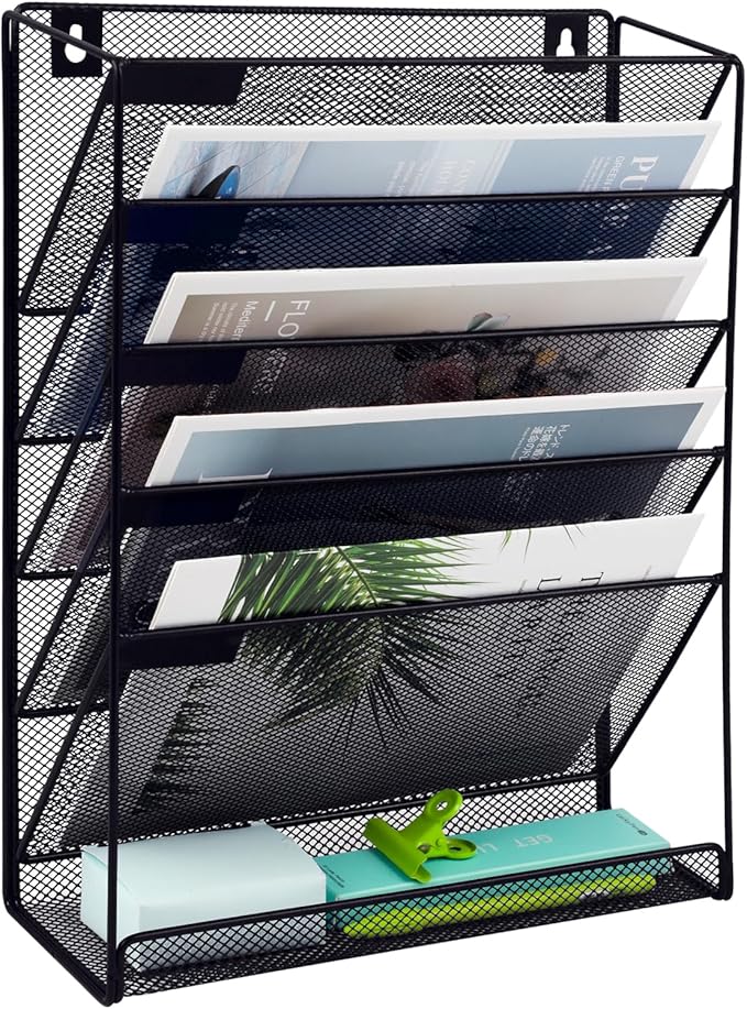 EASEPRES 6 Tier Mesh Hanging Wall File Organizer, Desk Mail Paper Document Folder Holder, Clipboard Storage Organization Magazine Rack with Bottom Tray and Nametag Label for Office Home School, Black